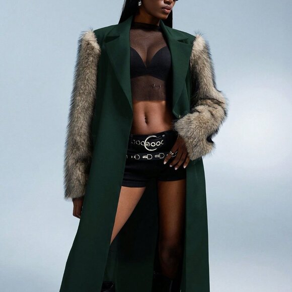 Green Elegant Women's Faux Fur Long Loose Patchwork Jacket - Picture 6 of 8